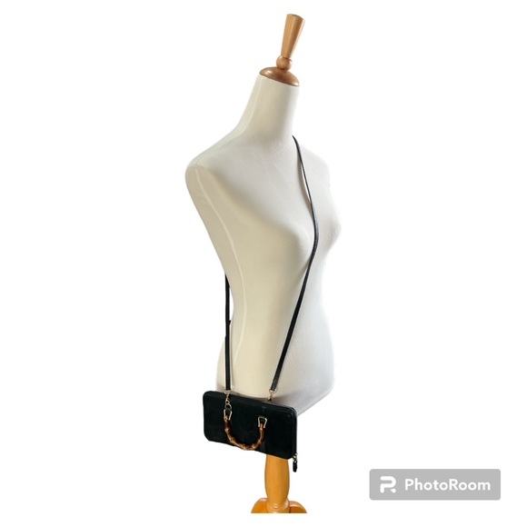 Vintage Gucci zip around wallet on a chain WOC crossbody black suede bamboo - Picture 11 of 16